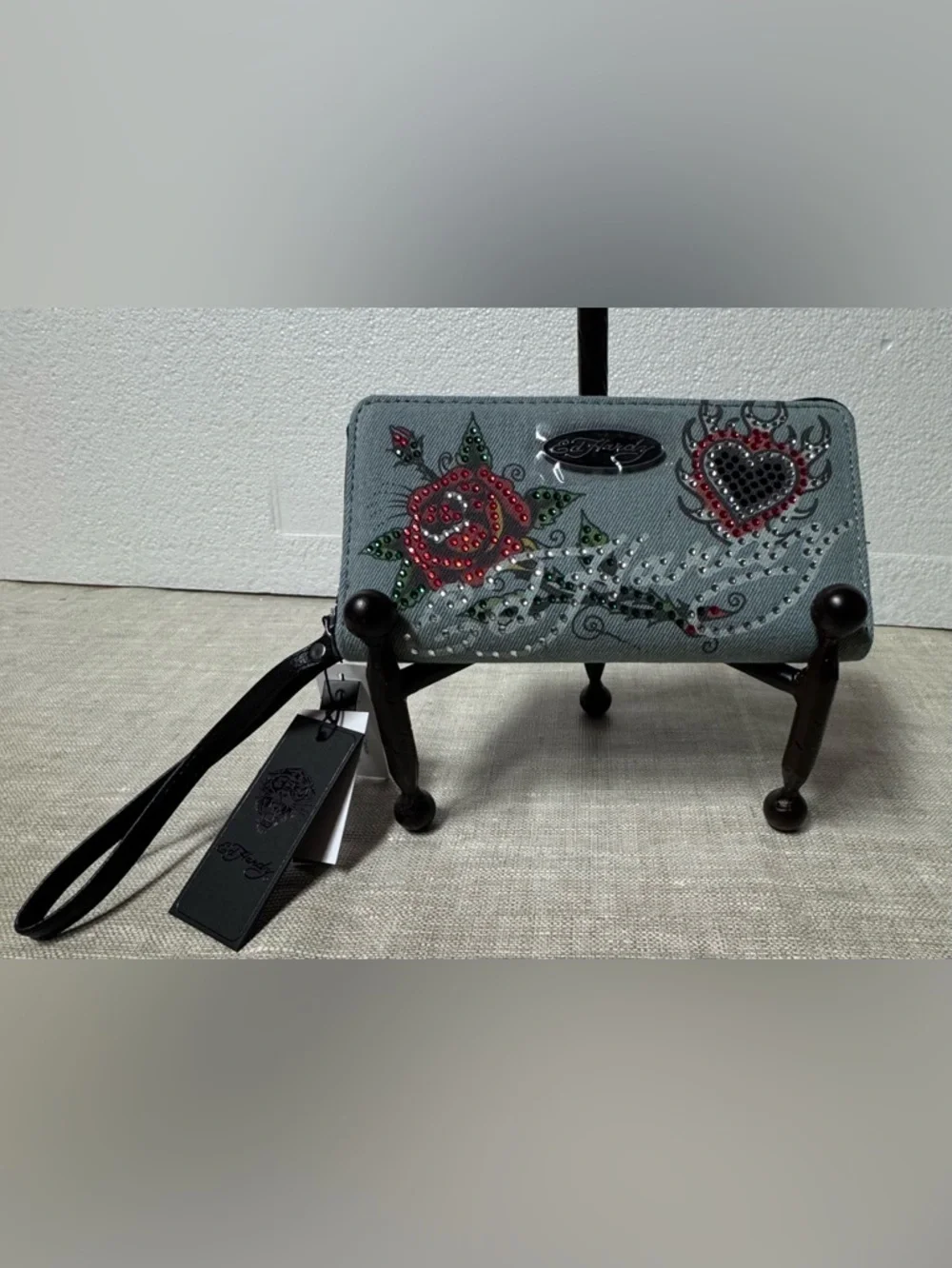 Ed Hardy Denim Wristlet Wallet with Red Rose and Heart Embellishment